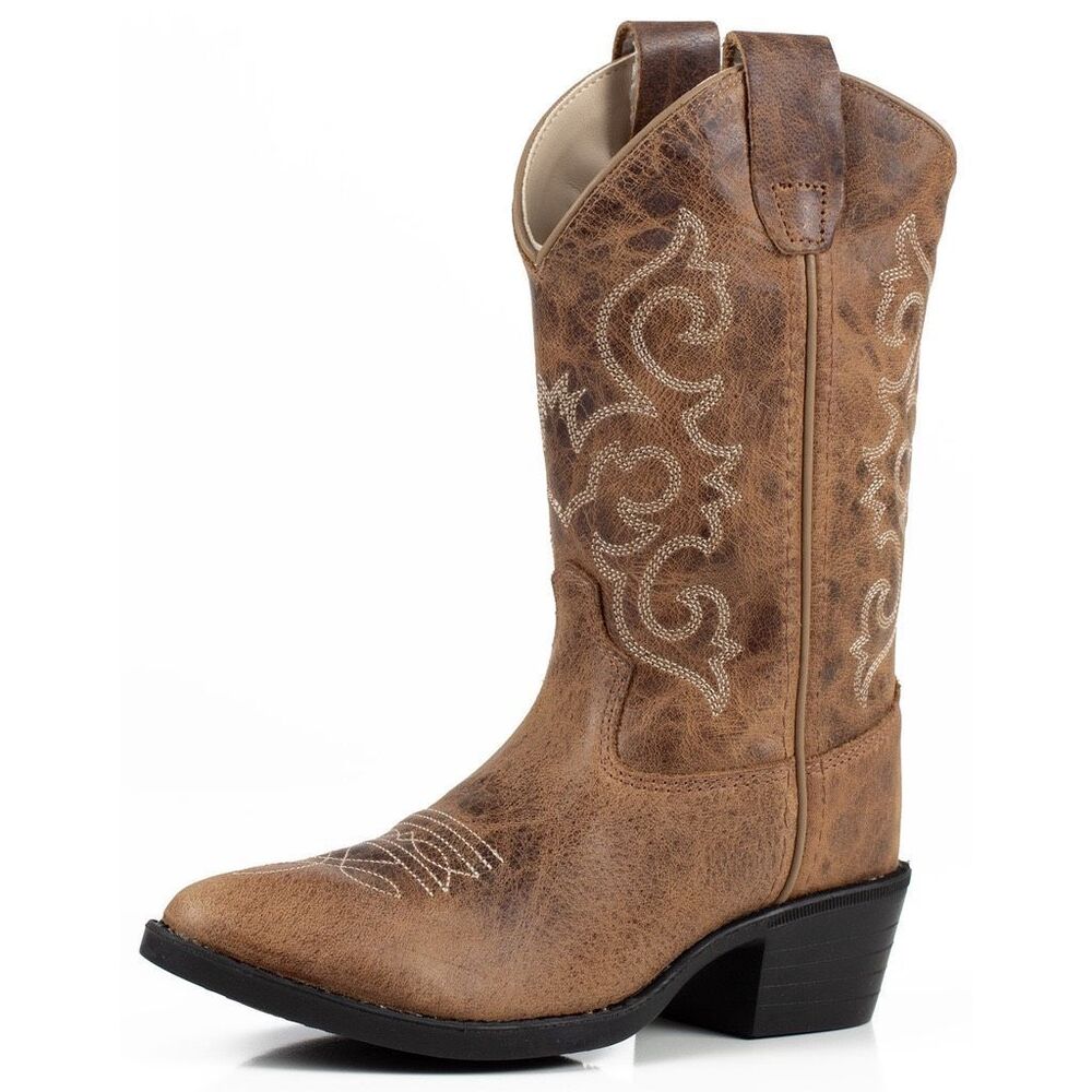 Old West cowboy Kids' 8" Round Toe Boots - Distressed Brown - Picture 2 of 8